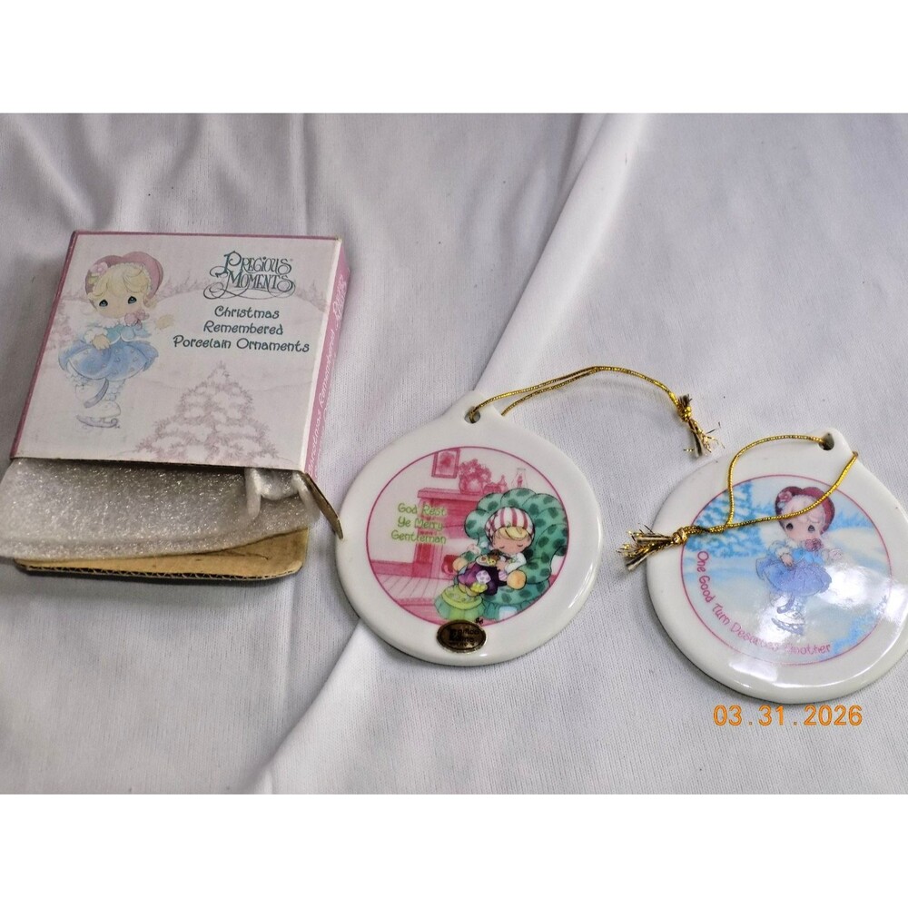 Precious Moments pair of porcelain Christmas ornaments